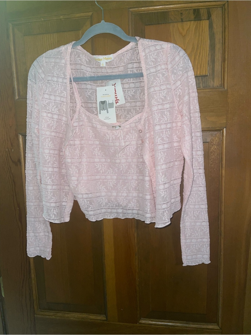 Delicate Lace Cropped Cardigan & Tank Set - Pale Pink